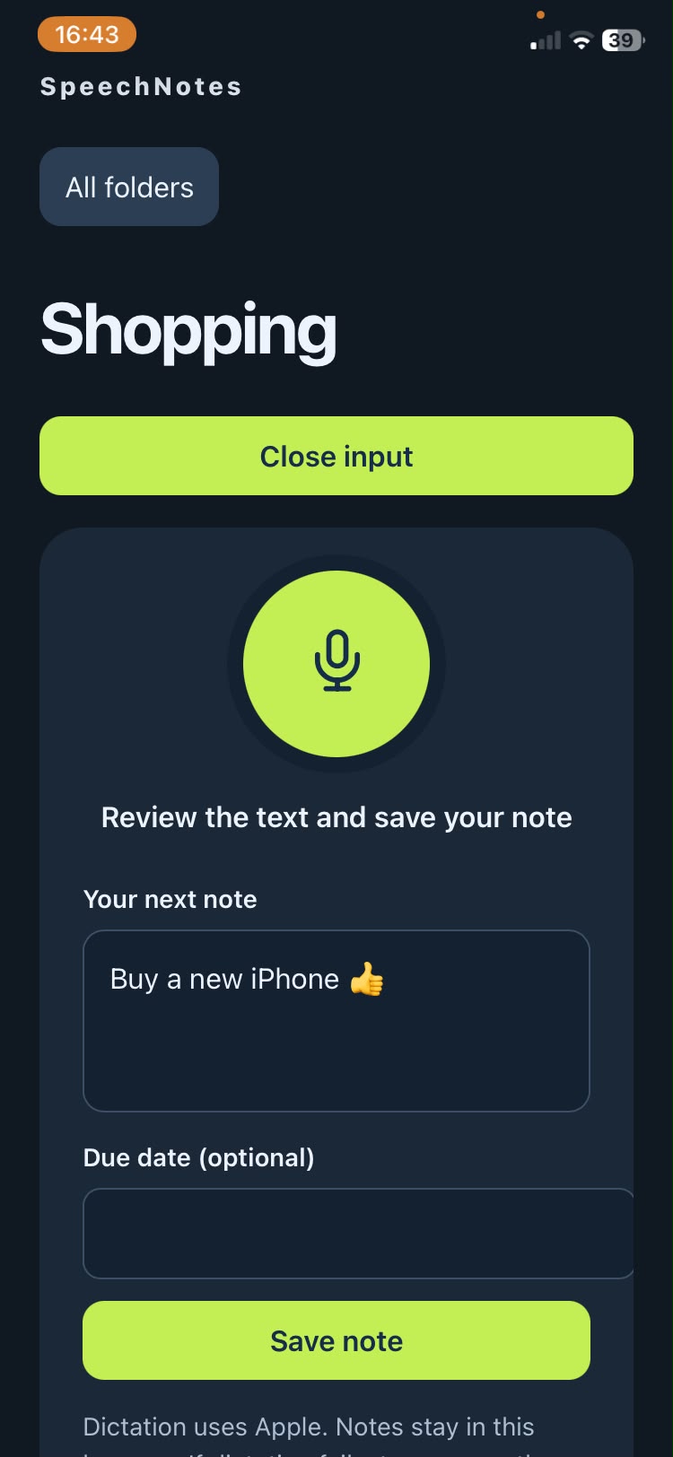 SpeechNotes: dictate a note on iPhone